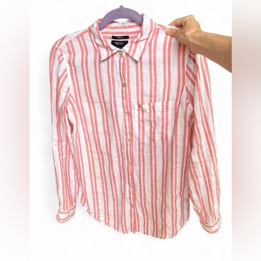 Jones & Co linen button down long sleeve shirt classic coastal grandma beachy